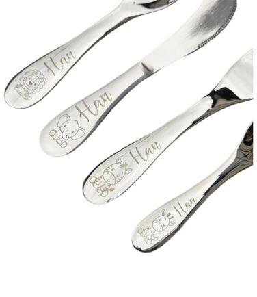 Дитячий набір столових приборів з гравіюванням імені | Персоналізований посуд для дітей | Подарунок на хрещення, день народження | Тема: Сафарі, Екскаватор