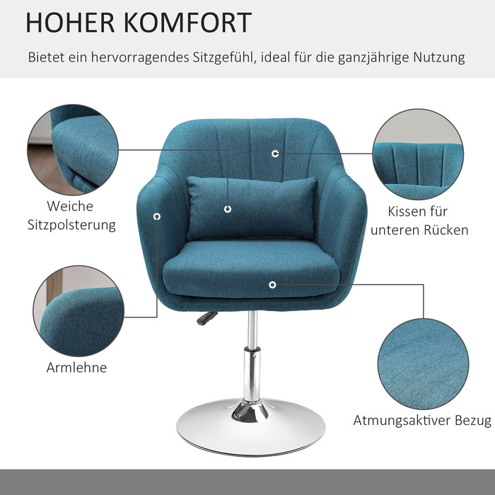Крісло HOMCOM Крісло для відпочинку з підлокітником, поперекова подушка, м'яке крісло з металевим каркасом, лляний вигляд, регульоване по висоті поворотне крісло для спальні, вітальні, світло-блакитний