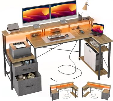 Кутовий стіл BEXEVUE з розетками та LED-підсвічуванням, 150 см. Сучасний кутовий стіл з 2 висувними ящиками, зворотними полицями, великим підстаканником для монітора, для геймінгу, навчання та роботи вдома. (150 x 80 см, сірий)
