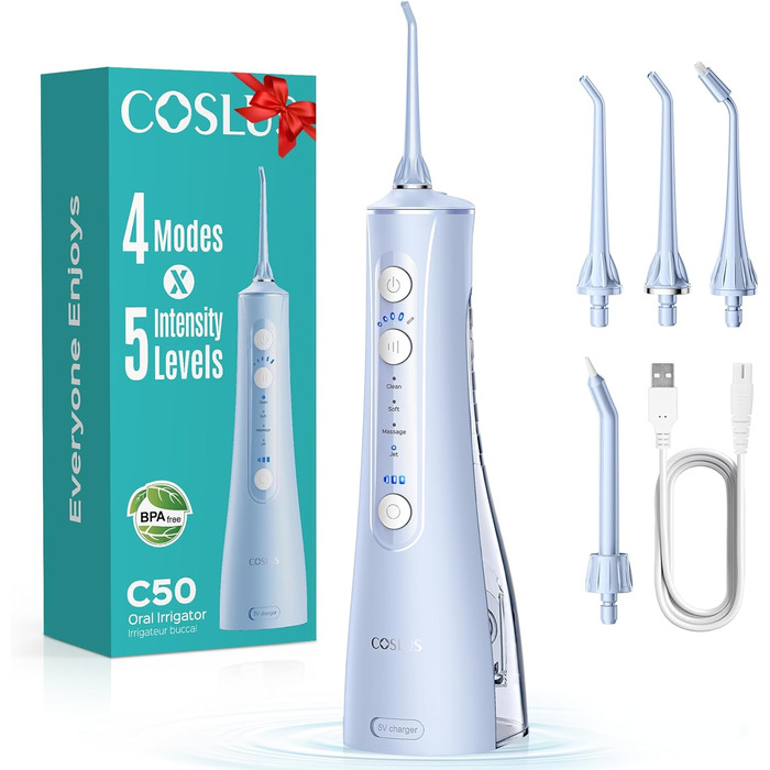 COSLUS Душова насадка електрична бездротова, Testsieger 2026: 20 рівнів тиску води, IPX7 водонепроникність, точна технологія Anti-Splash, 4 режими для здоров'я ротової порожнини, для щоденного використання та подорожей, 5 інтенсивностей (блакитний)