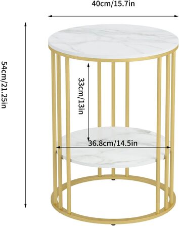 Столик FATIVO круглий мармур білий, 2 полиці, залізний каркас, 404054см, золото