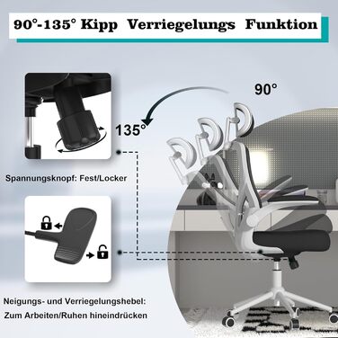 Ергономічне крісло для офісу з регульованою підголівником та поперековою підтримкою – високе офісне крісло з сітчастою спинкою та м'яким сидінням, вішалка для одягу та функцією блокування (Чорний колір з білим каркасом)