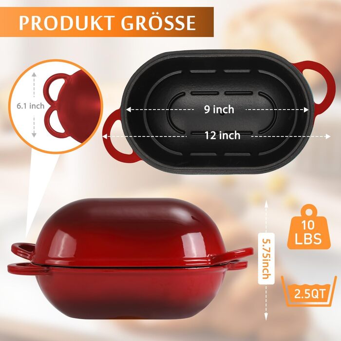 Форма для випікання хліба з кришкою Gusseisen, 23 см, емальоване чавунне ведро, 2.75 л, підходить для духовки (переливи синьо-зеленого та червоного кольорів)