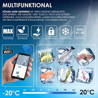 Автомобільний компресорний холодильник KESSER 42L з Wi-Fi, 12/24/230V, до -20°C, з колесами та телескопічною ручкою для кемпінгу, фургонів, вантажівок + 2 акумулятори холоду (52л, Хакі)