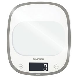 Цифрові кухонні ваги Salter 1050 BKDR Curve, тонкі скляні ваги, велика поверхня та сучасний дизайн, 5 кг, високочутливий РК-дисплей, функція тарування, мл/рідка унція, з батарейками, (білий)