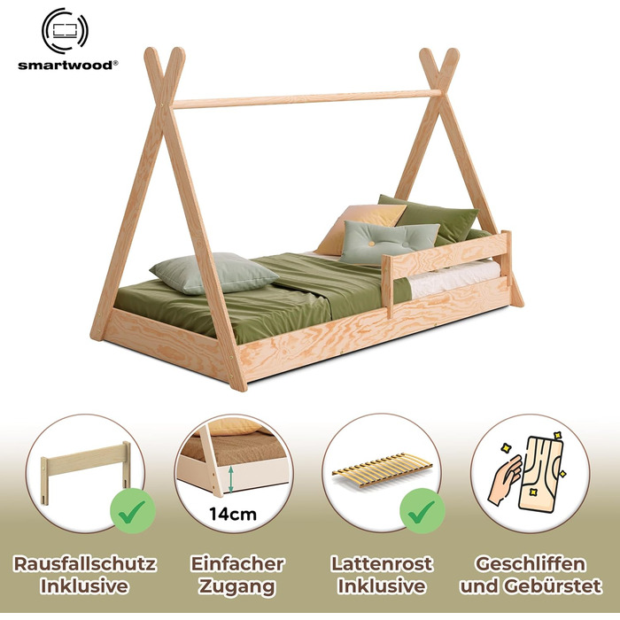 Дерев'яне ліжко-дитячий будиночок Smartwood 90x200 - Монтессорі Tipi F з сосни з сертифікатом FSC, захист від падіння та ламелі до 230 кг для хлопчиків та дівчаток, проста збірка, ліжко на підлозі