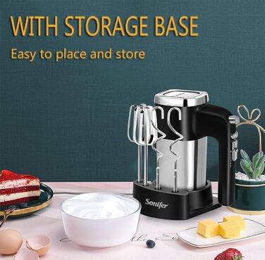 Ручний міксер Sonifer 500W з нержавіючої сталі, 5 швидкостей + турбо, 2 гачки для тіста, 2 вінчики, миється в посудомийній машині