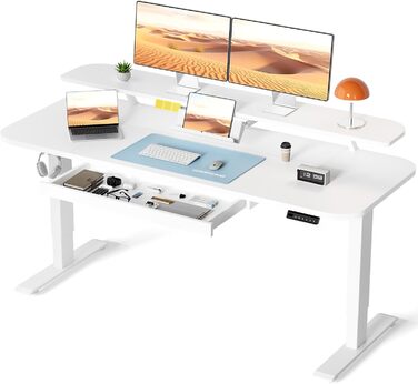 COMHOMA Стол для роботи з регулюванням висоти, електричний, 120x60 см, з ящиками, підставка для монітора, підставка для планшета, з пам'яттю 3 рівнів, білий