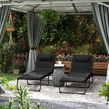 Набір з 2 сонячних лежаків, розкладні садові лежаки з подушкою для голови, спинка з 5 рівнями регулювання висоти, бічна кишеня, чорного кольору