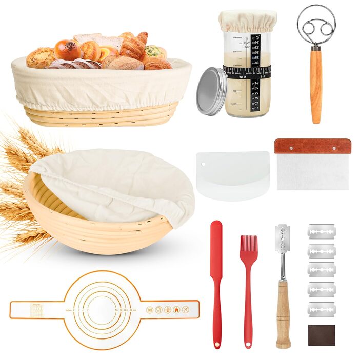 Набір для закваски з 10 шт: круглі та овальні корзини для вистоювання тіста, скляні банки для закваски 730 мл, аксесуари для хрусткої скоринки, для початківців та професіоналів