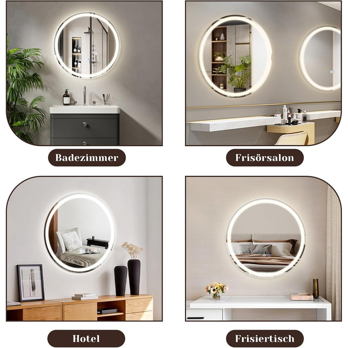 Дзеркало для ванної кімнати Mursche з підсвічуванням LED, 50x70 см, IP44, з сенсорним вимикачем та функцією запобігання запотіванню, регулювання яскравості 3000K-6500K