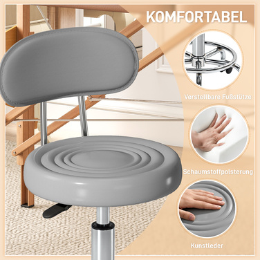 Регульований поворотний пуф з підніжкою та спинкою, обтягнутий штучною шкірою, сірого кольору. Ідеально підходить для перукарських салонів.