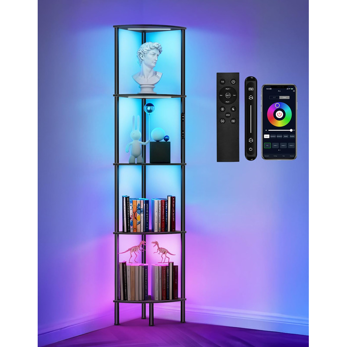 LED торшер з полицею, 3 режими світла, димування сенсором та пультом, кутова полиця з 5 рівнями, вузька книжкова шафа для вітальні, спальні, офісу (Чорний з RGB)