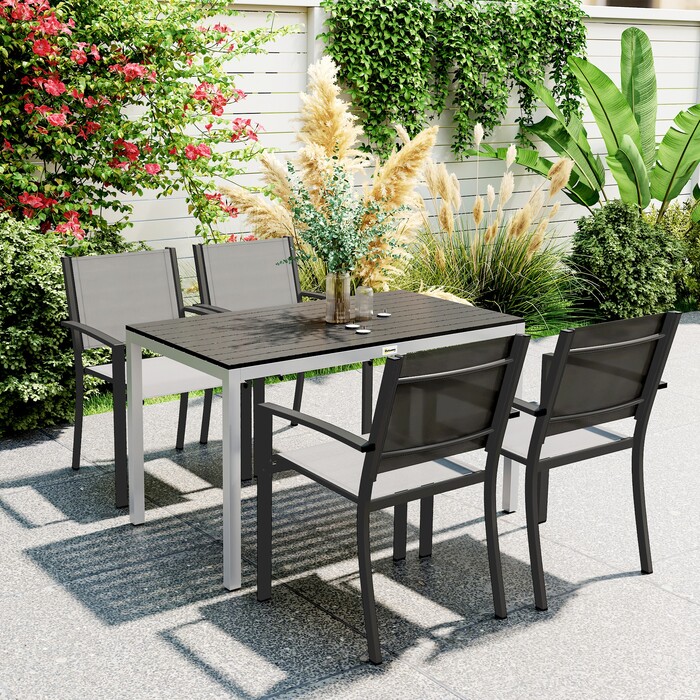 Outsunny Garden Table Алюміній 120x70 см Стійкий до погодних умов балконний стіл з ефектом дерева, Нековзний фуршетний стіл Кемпінговий стіл на 4-6 осіб Стіл для патіо Обідній стіл на відкритому повітрі для саду, балкон чорний