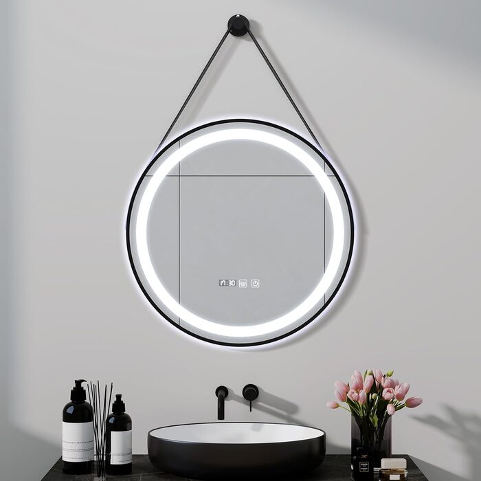 Дзеркало для ванної кімнати YOURLITE з підсвічуванням, 60 см, кругле, LED, 3 кольори, регулювання яскравості, сенсорний вимикач, антизапарник, пам'ять, IP44, чорний