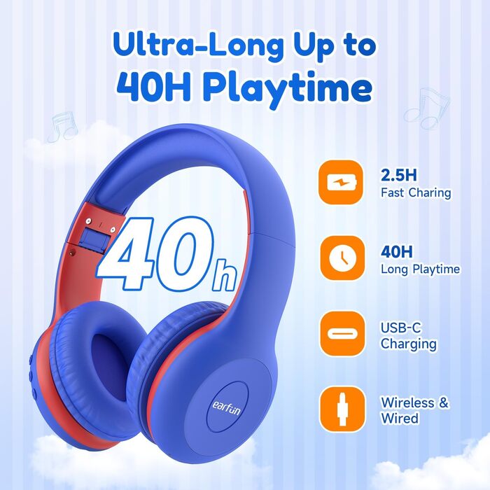 Дитячі навушники EarFun Bluetooth, 85/94 дБ, звук HiFi, HD-мікрофон, 40 годин автономної роботи, складні, темно-синій