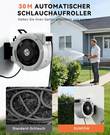 Шланговий барабан SUNPOW настінний 30м для саду, тераси та двору. Автоматичний намотувач, поворотна стіна, 10 функцій розпилення. Діаметр 16 мм.