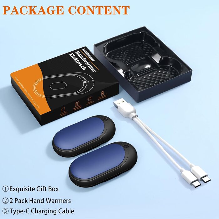 Електричний грієчка для рук, перезаряджається, 2 шт. з акумулятором 6000mAh, USB-кабель, 3 режими нагріву, 20 годин тепла, перезаряджається, для активного відпочинку взимку (чорний, синій)