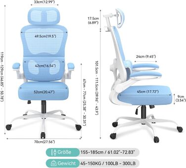 Ергономічне крісло Aevoriax N56 для офісу, з підтримкою попереку, м'яке сидіння, регульована підголовник, велике (Блакитний)