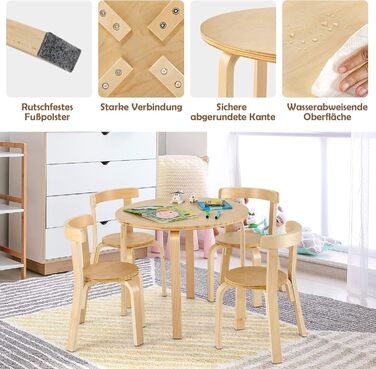 Дитячий столик та 4 стільчики DREAMADE з масиву дерева, дитячий меблевий набір для дівчаток та хлопчиків (натуральне дерево)