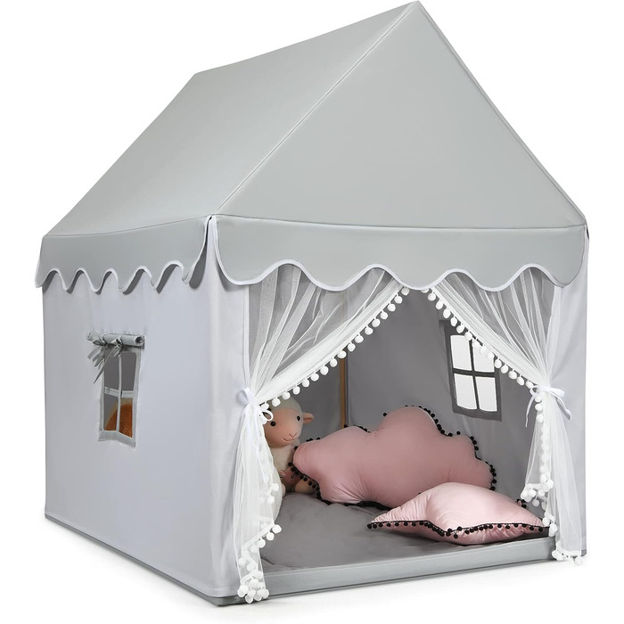 Дитячий намет DREAMADE з м'якою дахом та вікнами, дерев'яний каркас, ігровий будиночок, намет Тіпі для хлопчиків та дівчаток (сірий)
