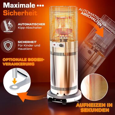 Газовий обігрівач TRESKO® 11 кВт на колесах | Обігрівач для тераси, балкона та саду | Газовий нагрівач-гриб з шлангом та регулятором (сріблястий)