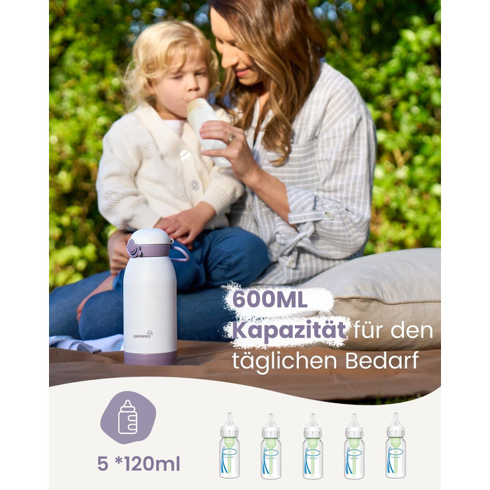 Підігрівач для пляшечок GROWNSY: портативний, для подорожей, 10000mAh, 600мл, точний контроль температури, рожевий/фіолетовий