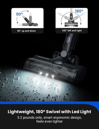 Бездротовий пилосос Proscenic P15: 55KPa, 580W, 70 хв, LED дисплей, антизаплутування, фільтр 6 шарів, для килимів, твердих поверхонь, шерсті тварин, автосалону (світло-сріблястий)