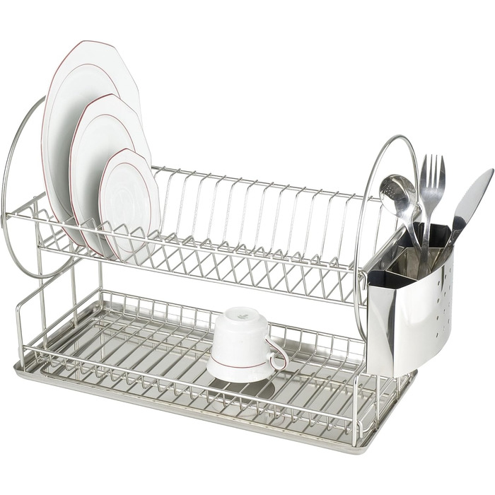 Сушарка для посуду WENKO Duo - підставка для тарілок і чашок, кошик для столових приборів, піддон для крапель, нержавіюча сталь, 233x49 см, матовий сріблястий (60 символів)
