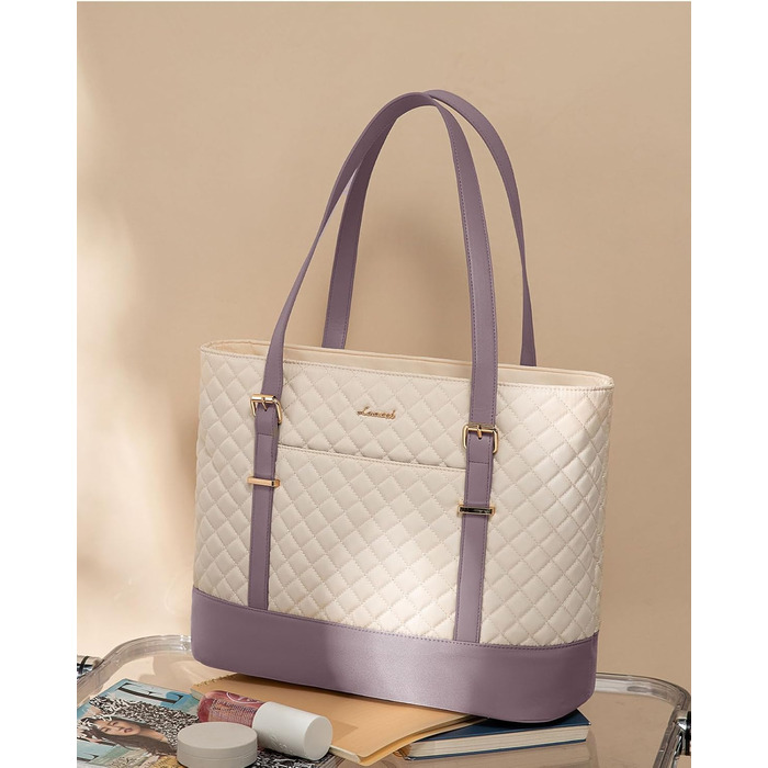 Сумка для ноутбука LOVEVOOK 15.6 дюймів для жінок з відділенням для ланчу, сумка-шоппер, ділова сумка, портфель, сумка для навчання, містка, водонепроникна, для офісу, університету, чорна (15.6 дюймів, Бежевий, Рожевий)