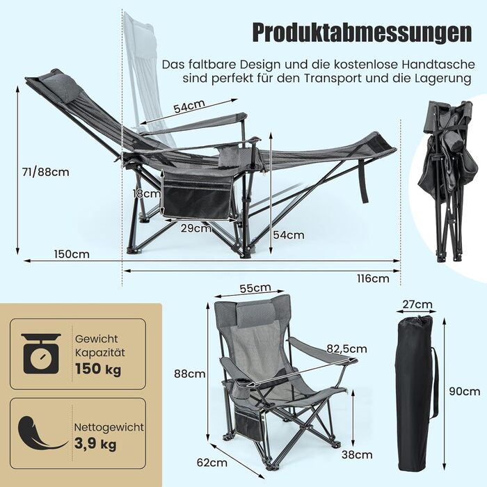 Крісло для кемпінгу COSTWAY зі знімною підставкою для ніг, складне рибальське крісло з регульованою спинкою, підголівник, підстаканник і бічна сумка, складаний стілець, складаний стілець для кемпінгу, риболовля сіра