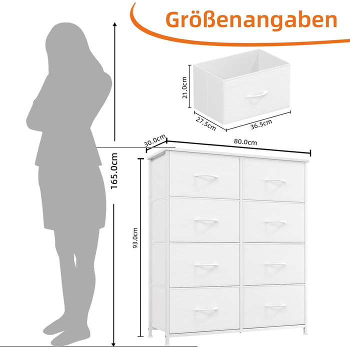 Комод з тканини з 8 шухляд, білий, 30x80x93 см