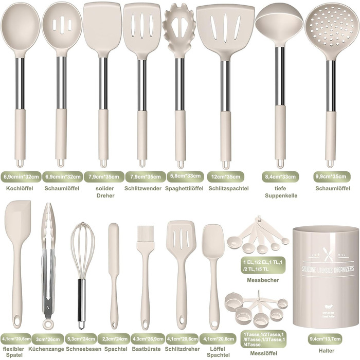 Набір кухонних помічників, 26 предметів: силіконове кухонне приладдя з нержавіючою сталею, стійке до нагрівання, з підставкою, антипригарне, для посудомийної машини - Хакі