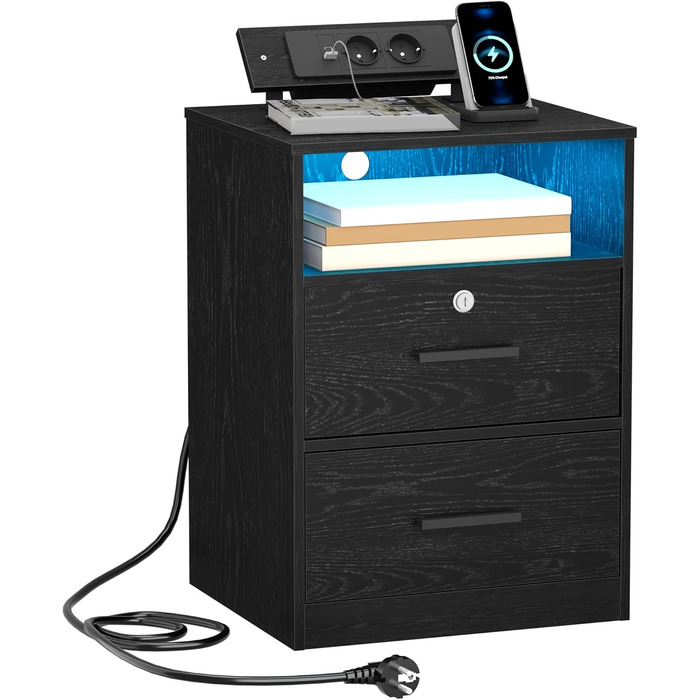 Тумба Hzuaneri з USB і Type-C, LED-підсвіткою, 2 шухляди з замком, відкрита полиця, чорна, для спальні та вітальні