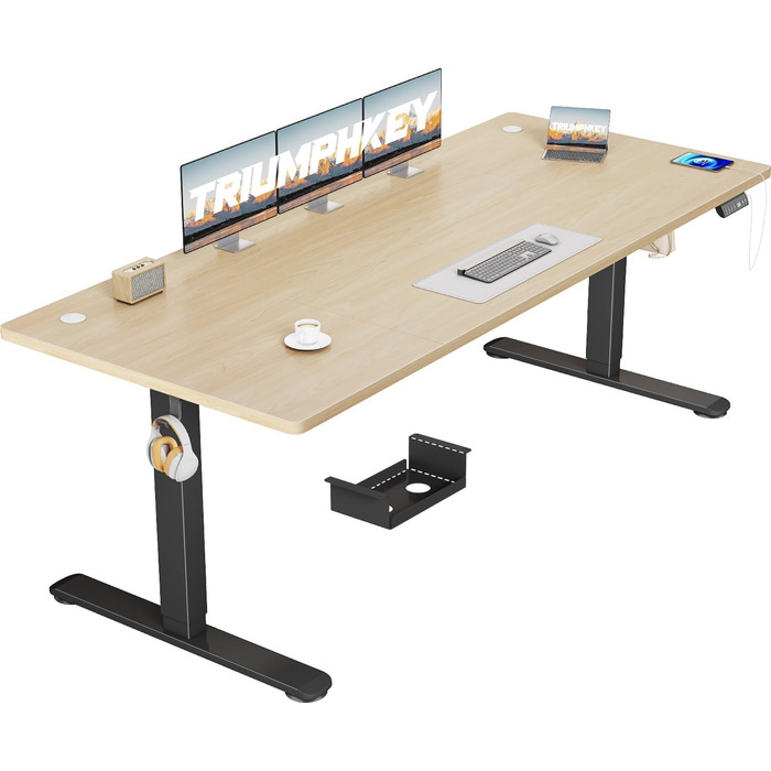 Регульований стіл висотою 200x80 см з USB-портом, 3 режими пам'яті, антиколізійна система, комп'ютерний стіл, горіх+чорний