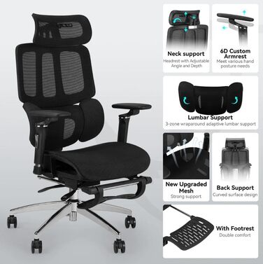 Офісний стіл MUSSO H80 Pro з ергономічним дизайном, сітчасте крісло, підтримка попереку 3-зонна, регульовані підлокітники 4D, спинка з 5 рівнями налаштування, підставка для ніг (чорний)