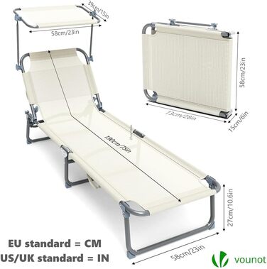 Лежак для відпочинку Vounot (2 шт.) - розкладний, з регульованою спинкою та захистом від сонця. Підходить для саду, басейну, тераси (бежевий)