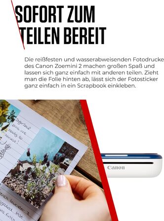 Canon Zoemini 2 Marineblau: Міні-принтер для фотографій, мобільний, компактний, з вбудованим акумулятором. Друкує фото 5x7,6 см зі смартфону/планшету. У комплекті: 20 шт. Zink паперу та 10 шт. круглих наліпок.