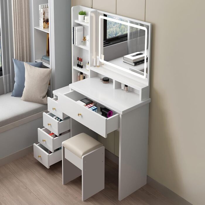 Дзеркальний туалетний столик з LED-підсвічуванням та пуфом, 6 шухляд, 3 відкриті полиці, для спальні, білий, з дерева