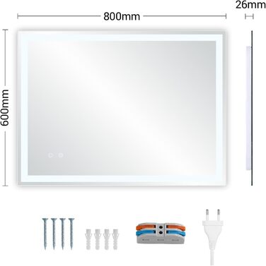 Дзеркало для ванної кімнати з підсвіткою 80x60 см, LED дзеркало з 3 кольорами світла, регульована яскравість, захисне скло, сенсорне управління, функція пам'яті, запобігання запотіванню, 60L x 80B cm