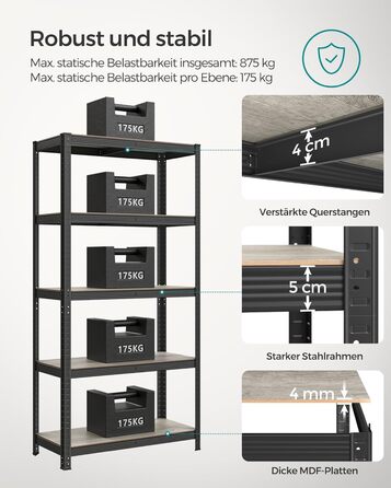 Стояча полиця, 5 полиць, до 875 кг, регульована, промисловий дизайн, вінтажний коричнево-чорний, 40x90x180 см