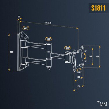 Кріплення для монітора RICOO S1811: регульоване, універсальне, VESA 75x75/100x100, 13-32 дюймів