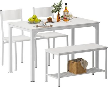 Обідній набір sogesfurniture на 4 особи: стіл 110×70×76 см, 2 стільці, лавка, металевий каркас, мармурова стільниця та золотисті елементи, прямокутний кухонний комплект з полицею для вітальні та їдальні