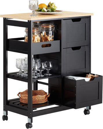 Сервізний візок SoBuy з колесами - кухонний візок з 2 знімними полицями та 1 підносом - додатковий візок на колесах для кухні, вітальні, їдальні - чорний, 68x85x38 см, до 50 кг, МДФ, FKW79-SCH