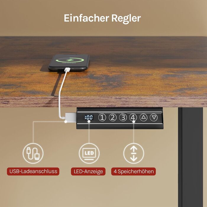 Підставка для столу WOLTU, електрична, регульована висота та ширина, 4 пам'яті, USB-порт, чорна