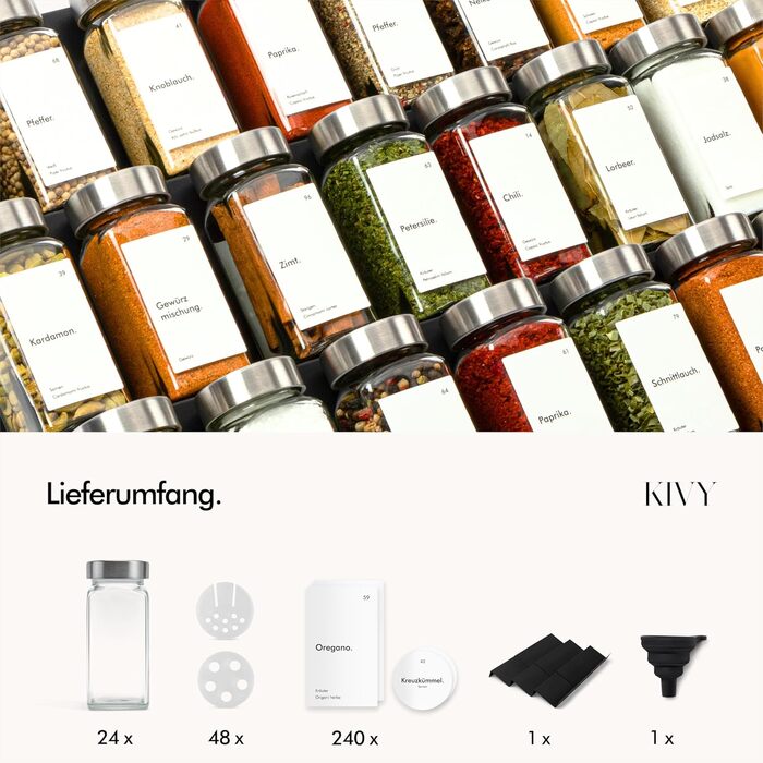 Спеція органайзер KIVY з полицями та скляними баночками | 24 баночки з етикетками, регульований, підходить для всіх ящиків | Спеції з полицями | Організатор для спецій у ящик, чорний ковпачок (склянки + полиця) (Нержавіюча сталь (склянки + полиця))