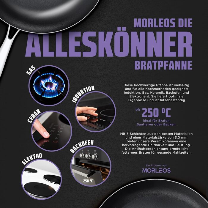 Сковорода Morleos з керамічним покриттям Ø 32 см, без PFAS та PTFE | Сковорода з антипригарним покриттям, стійка до подряпин, 5-шарова, 3 мм, 1,67 кг | Преміум-сковорода для індукційних плит | Антипригарна, для духовки та посудомийної машини Ø 32 см (32 с