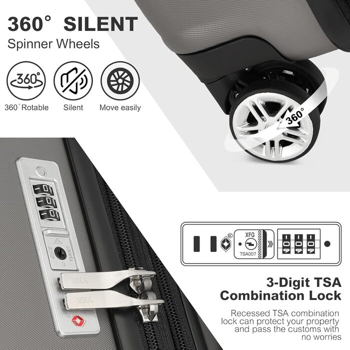 Валіза-тележка KONO, ручна поклажа, сіра (55x35x22 см) з TSA-замком та подвійними колесами