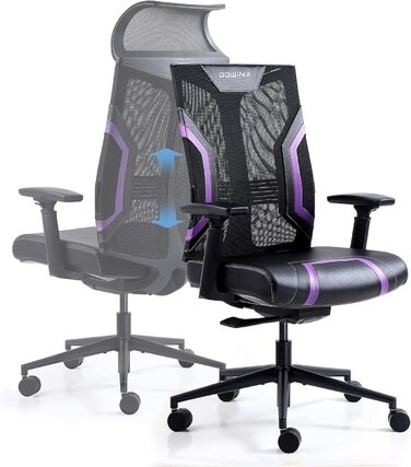 Ігровий крісло Dowinx з 3D підлокітниками, офісне крісло, ергономічне, з функцією гойдання, шкіряне, поворотне, для офісу та дому, чорний, сірий (чорний, фіолетовий)