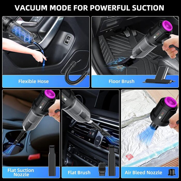 Акумуляторний автомобільний пилосос для авто та дому, потужність 17000 Па, 6000 мАг, ручний портативний пилосос для шерсті тварин, диванів та клавіатур з функцією обдуву
